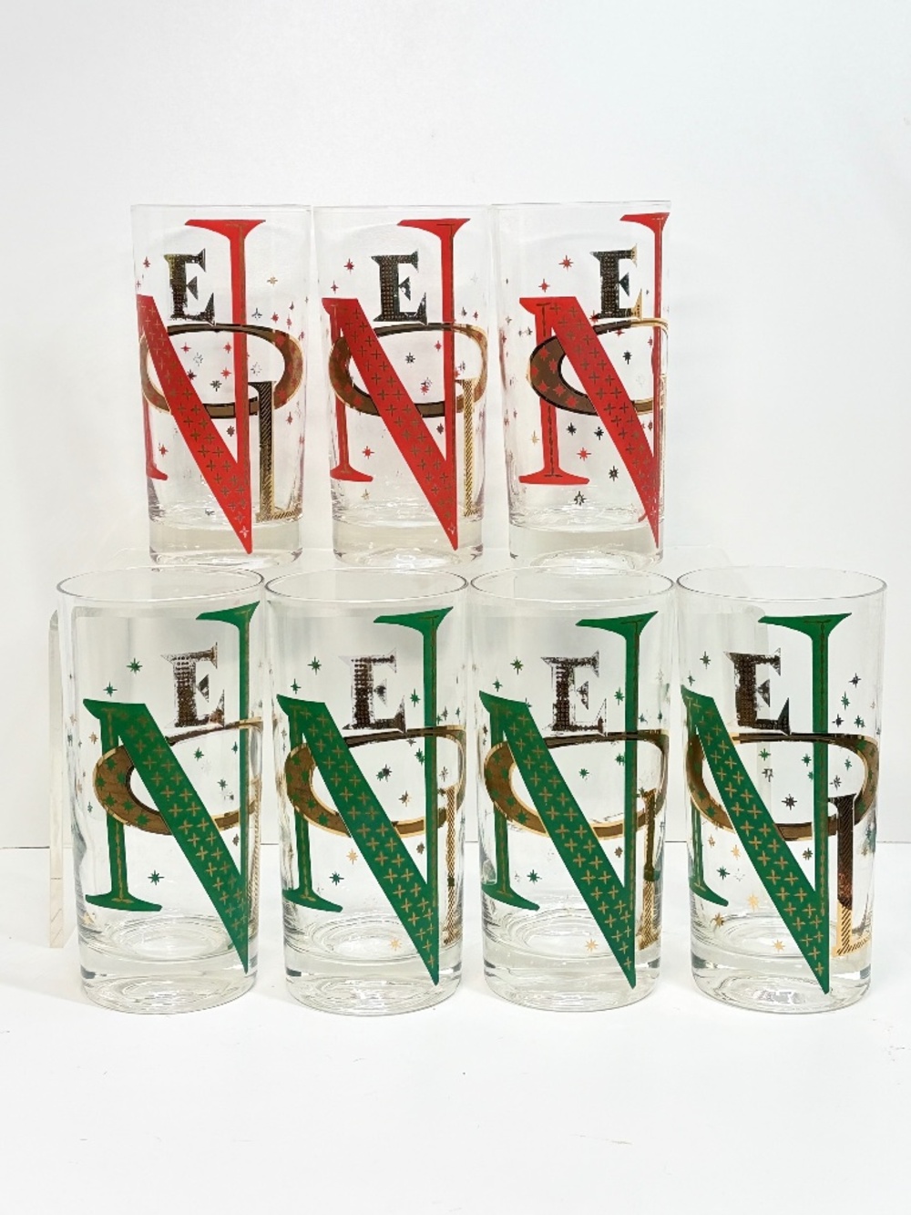 MCM Gay Fad Noel Glass set of 4 Green/Green and Gold MCM Noel Christmas Barware